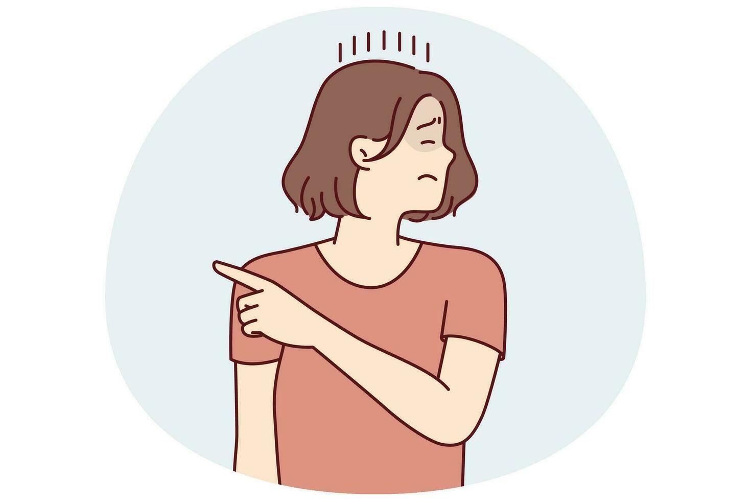 Offended woman turns away and closing eyes points finger to side after quarrel. Vector image