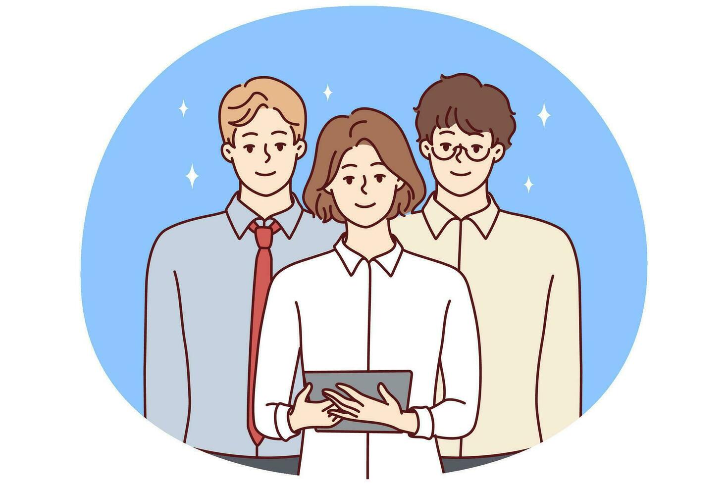 Team young professionals from woman with tablet and two men in business clothes. Vector image