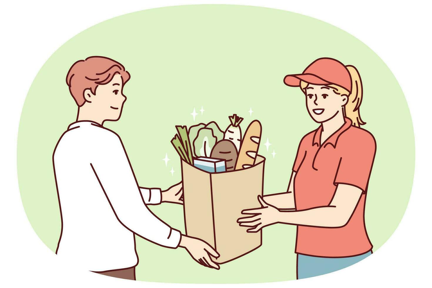 Optimistic woman courier handing out delivered food items to man online store customer. Vector image