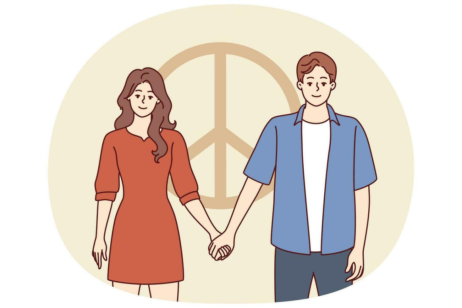 Man and woman dressed in casual style hold hands standing near symbol of pacifism. Vector image