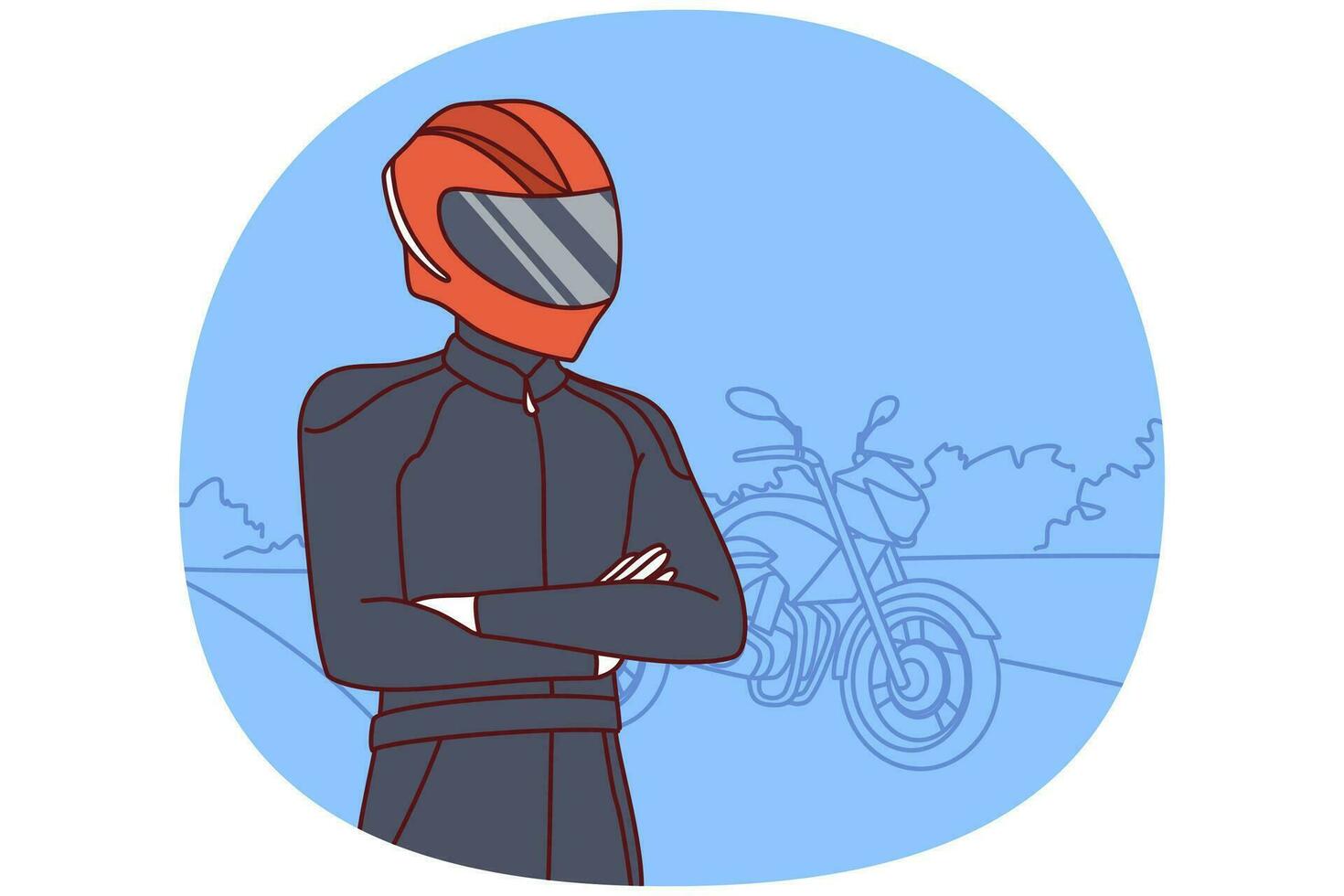 Biker in clothes for professional riding motorcycle and helmet covering face and eyes. Vector image