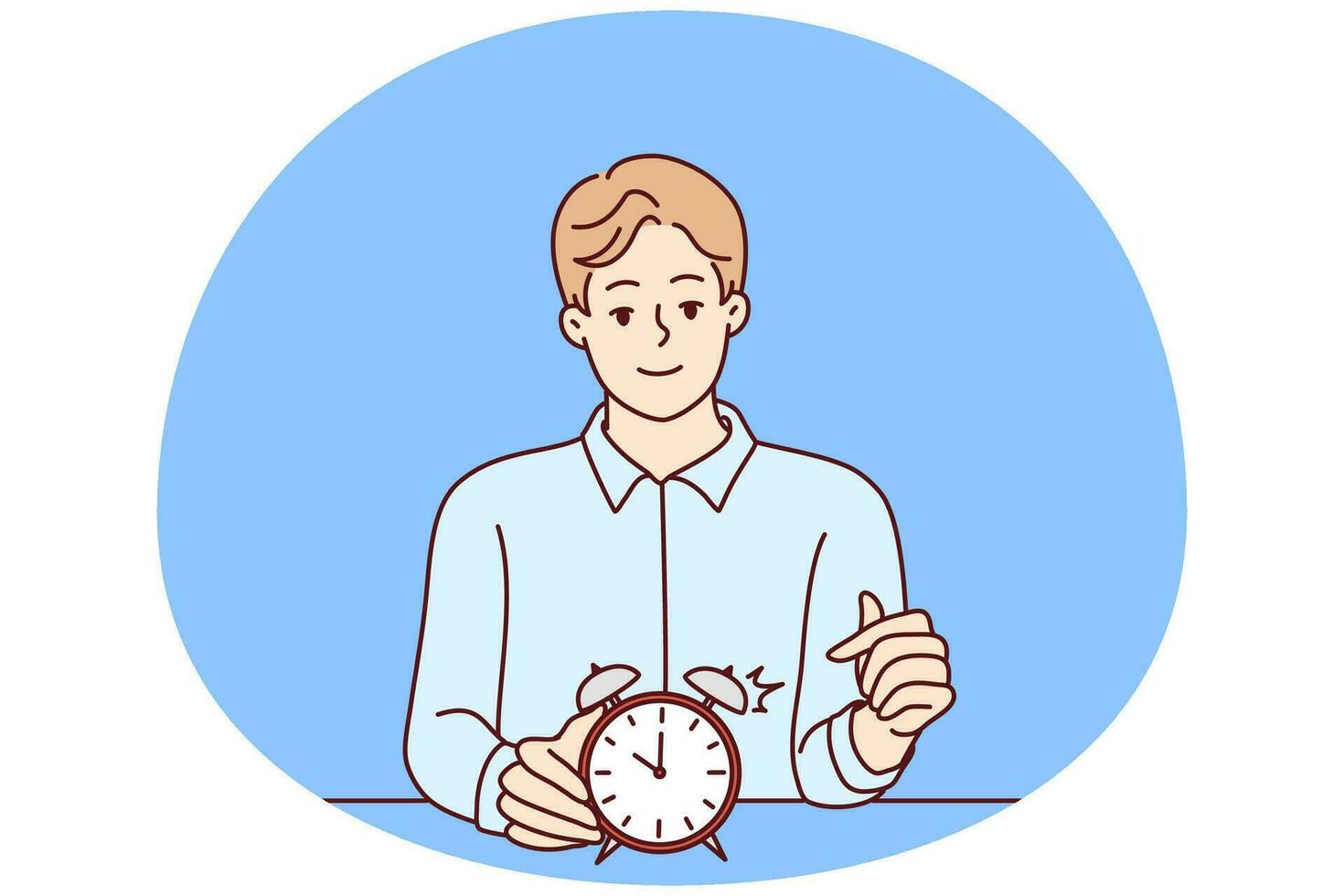 Smiling man points finger at alarm clock to remind of time management at works. Vector image
