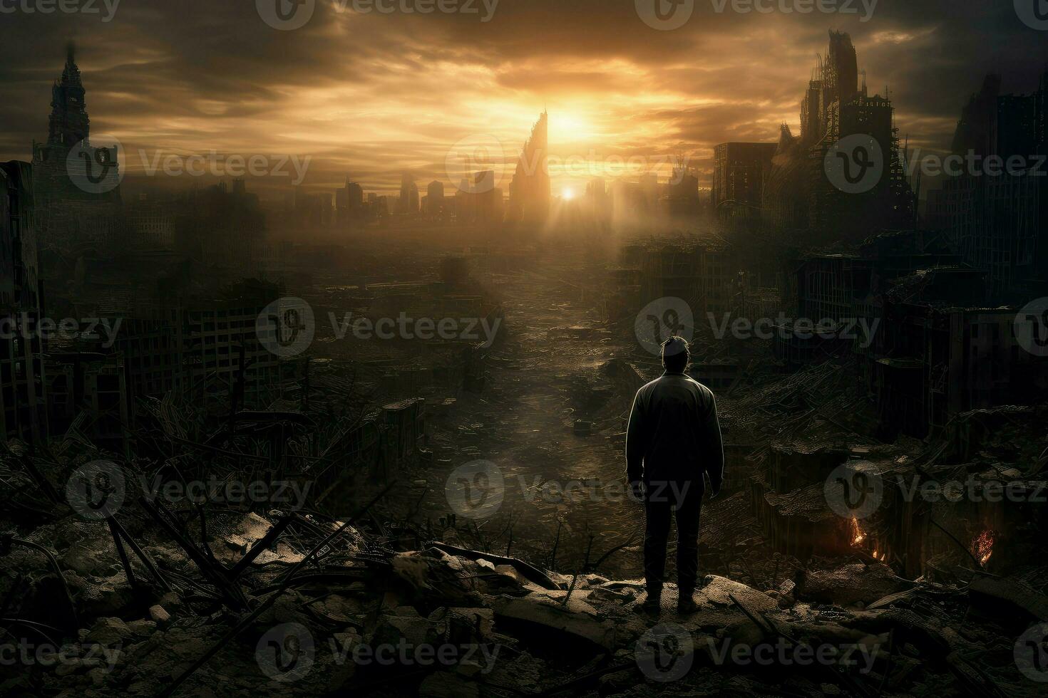 AI generated Desolate Man apocalypse city. Generate Ai photo