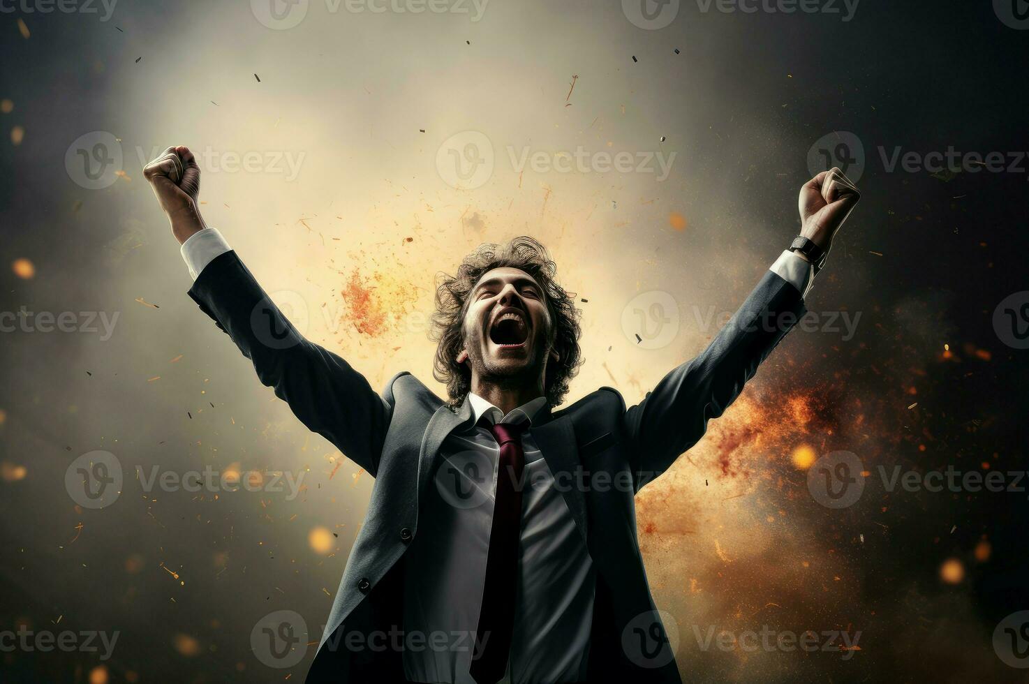 AI generated Jubilant man suit celebrating success. Generate Ai photo