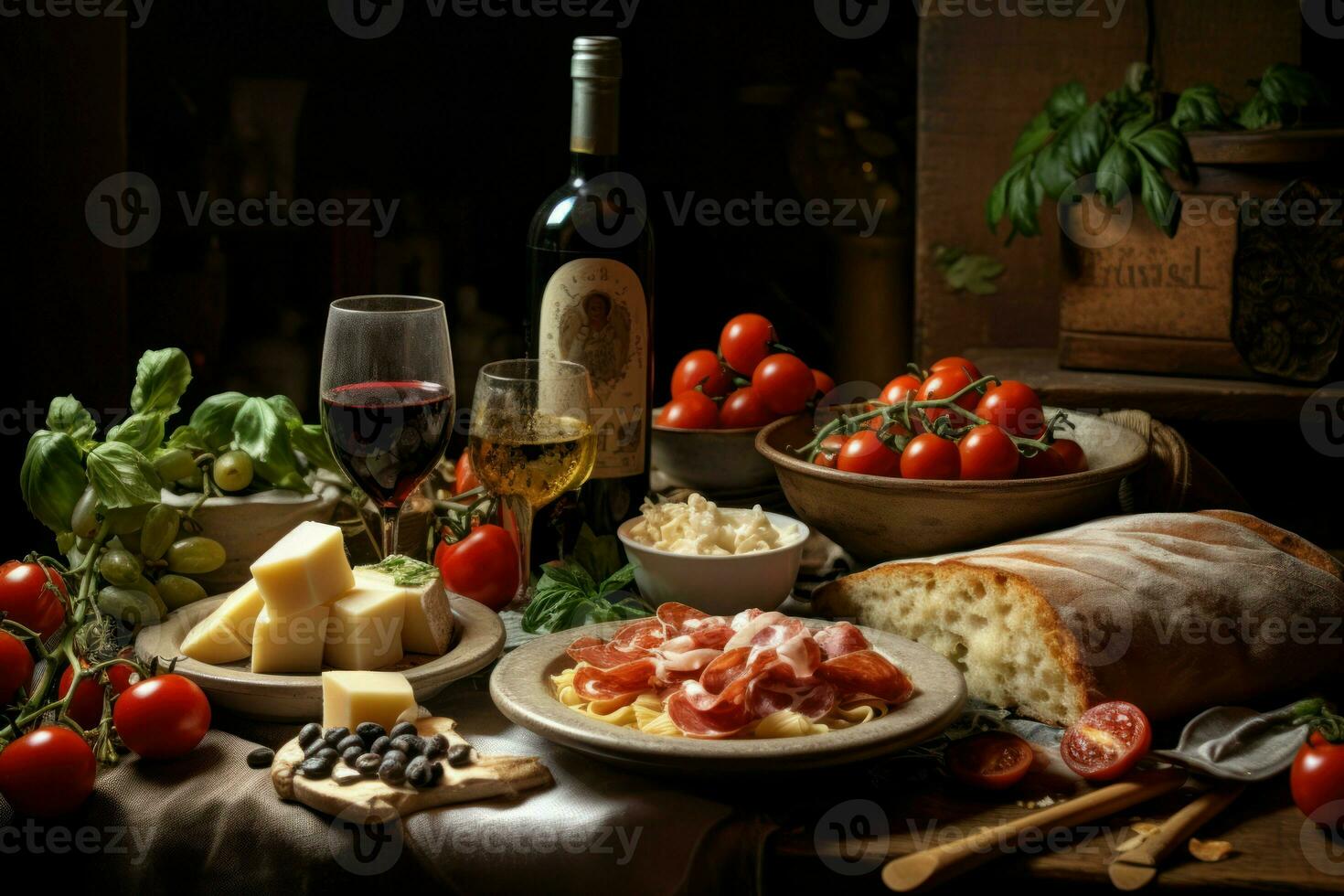 AI generated Sumptuous Italian food full table. Generate Ai photo