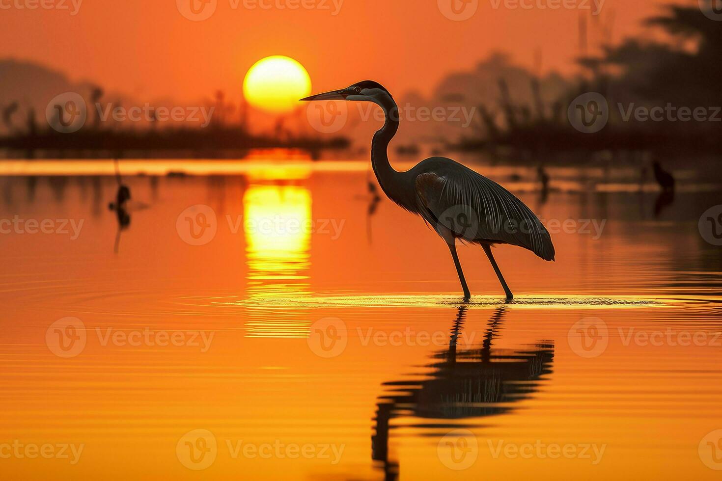 AI generated Tranquil Heron lake sunset. Generate Ai photo