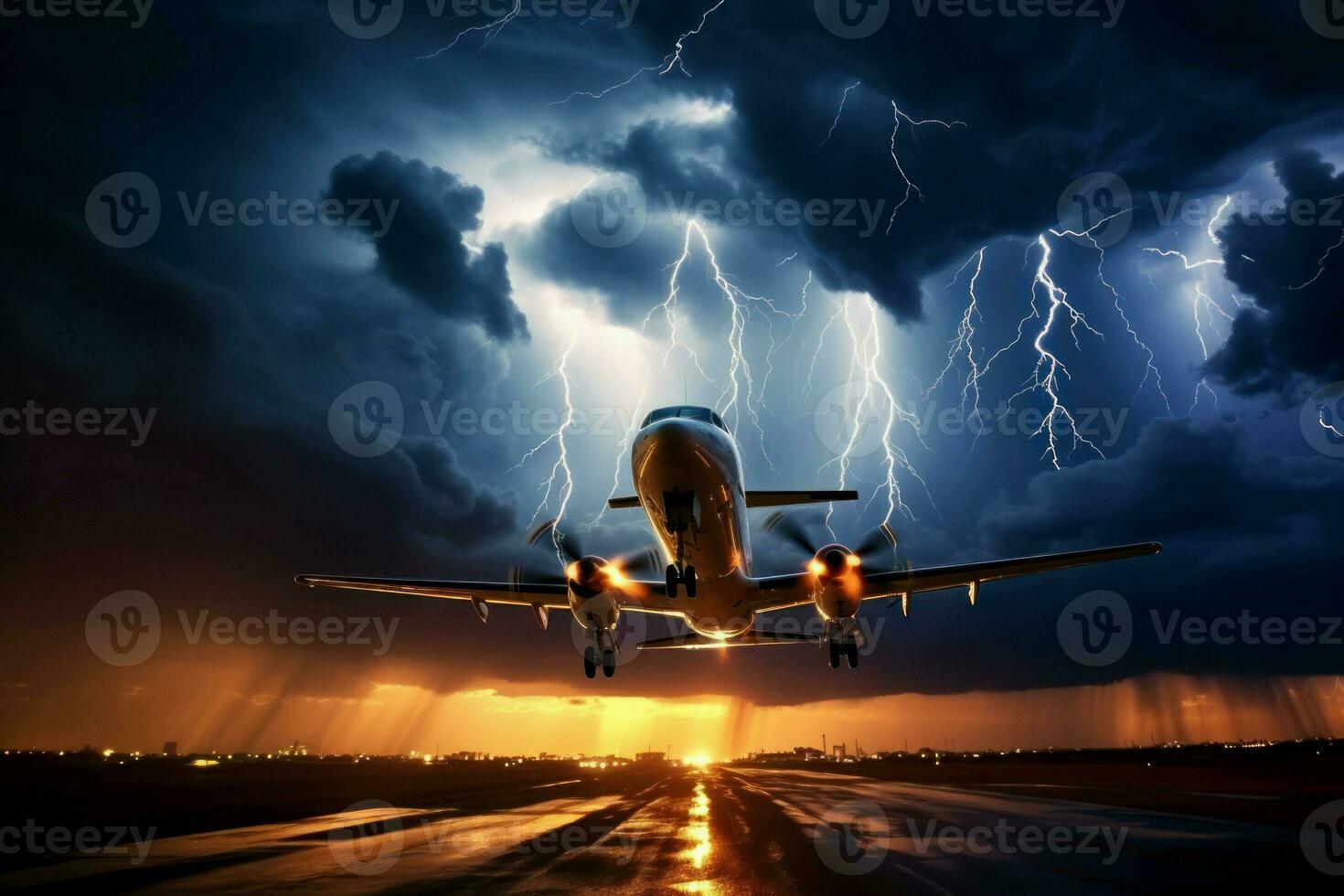 AI generated Intense Lightning storm plane. Generate Ai photo