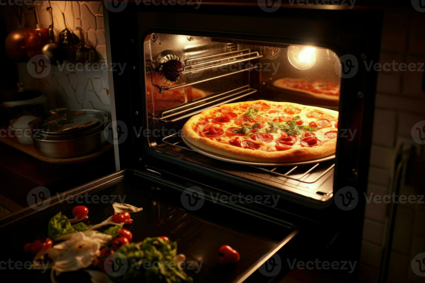 AI generated Cheesy Kitchen oven pizza. Generate Ai photo