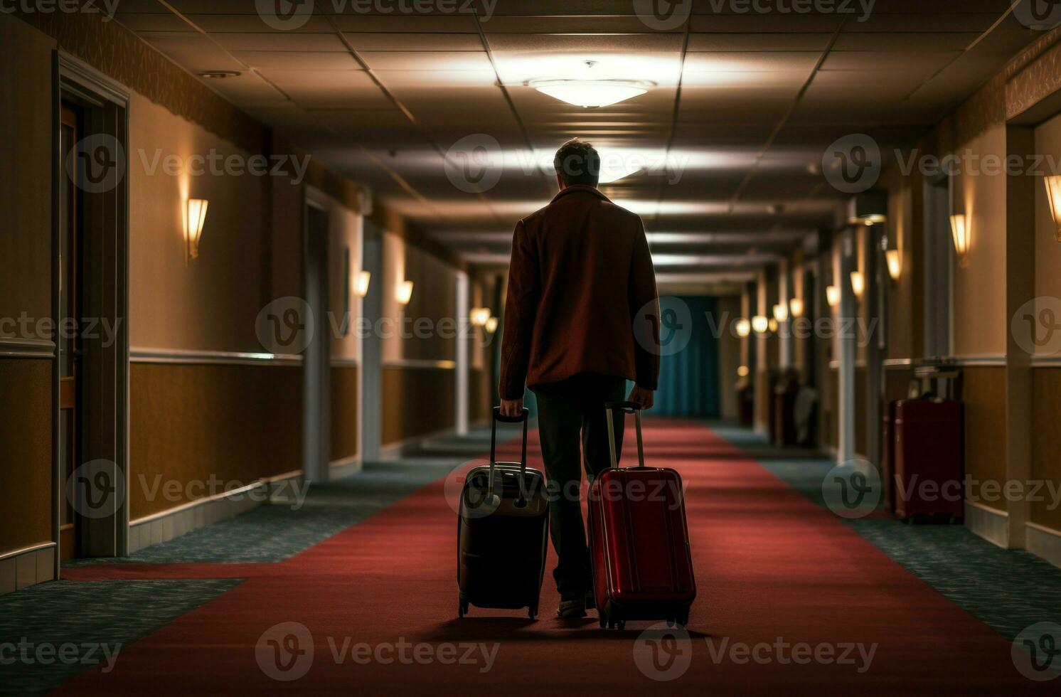ai generado elegante hombre maleta equipaje en hotel. generar ai foto