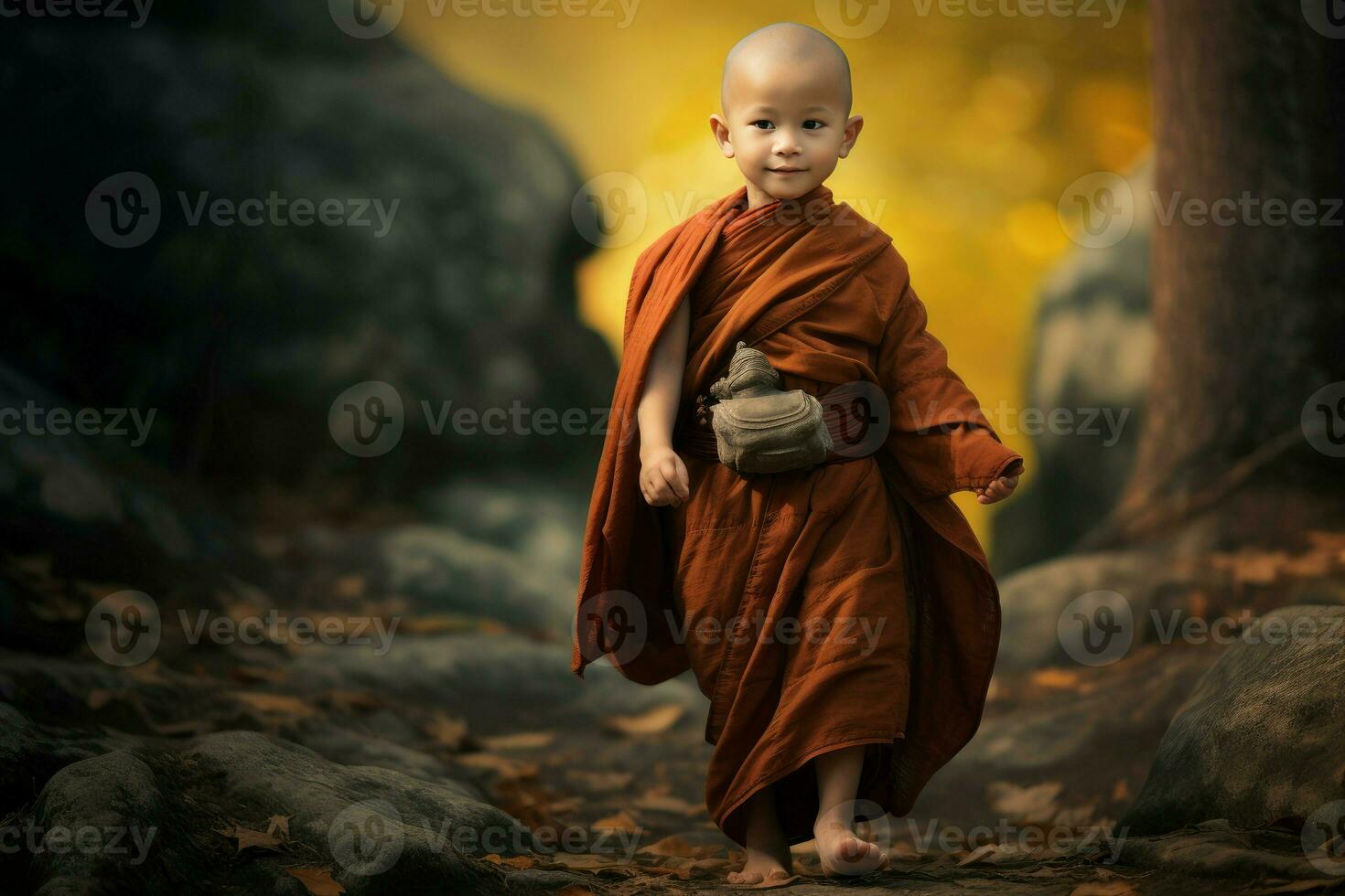 AI generated Contemplative Little asian monk. Generate Ai photo