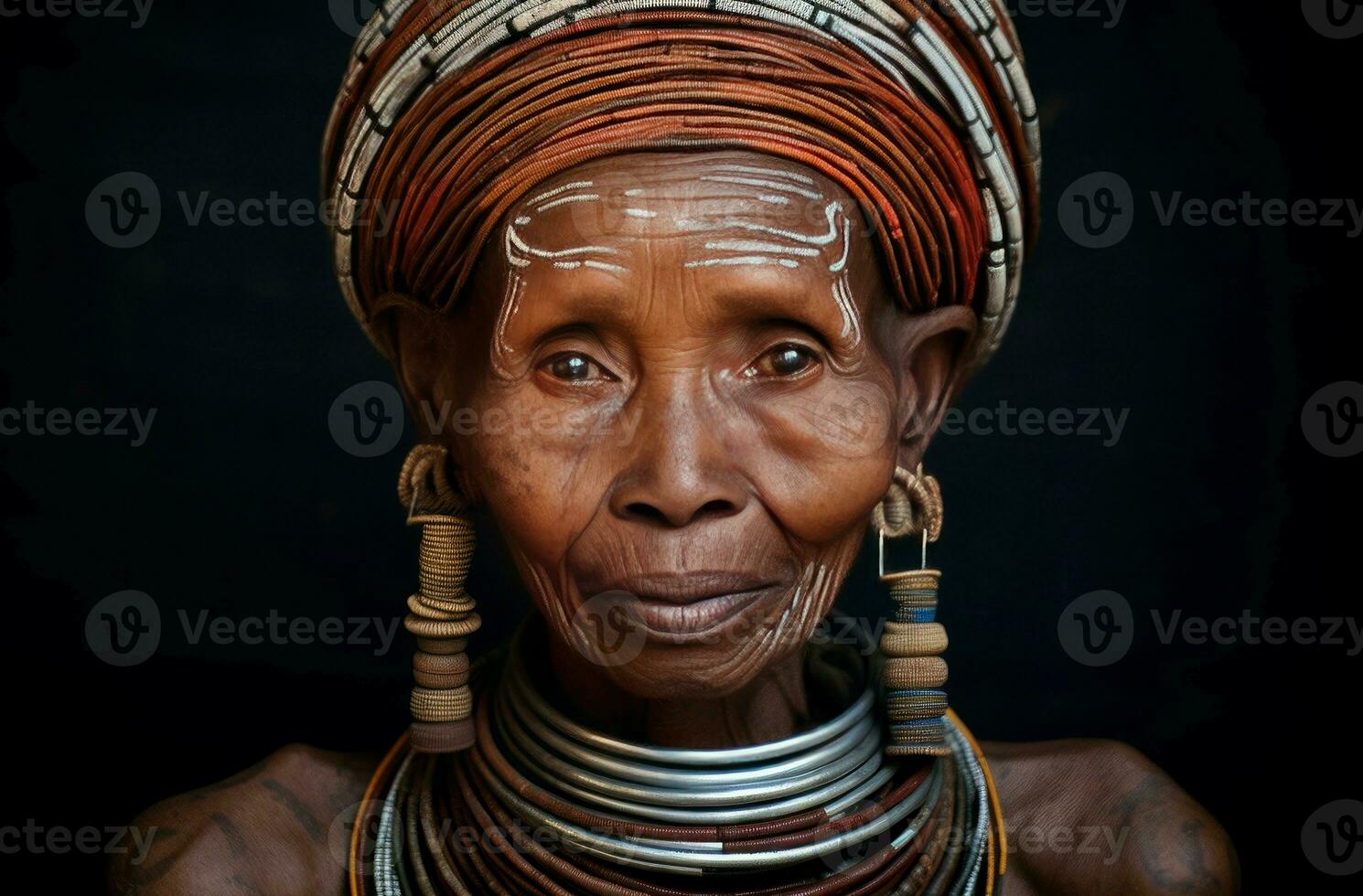 ai generado sabio largo cuello mayor tribal mujer. generar ai foto
