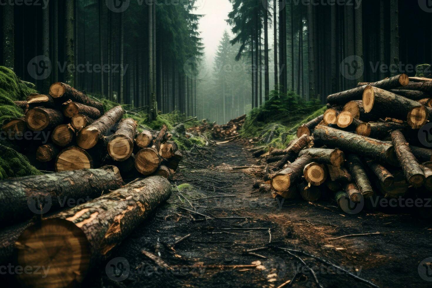 AI generated Long forest cutter trees. Generate Ai photo
