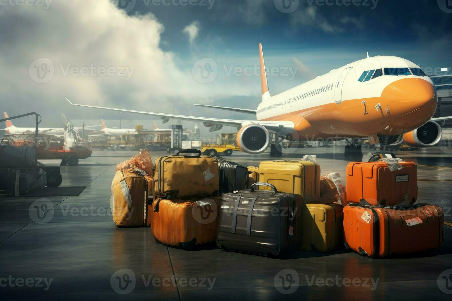 AI generated Essential Luggage at the airport with planes. Holiday transport photo