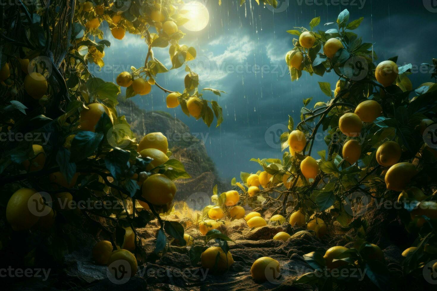 AI generated Serene Lemon tree garden at sunset. Generate Ai photo