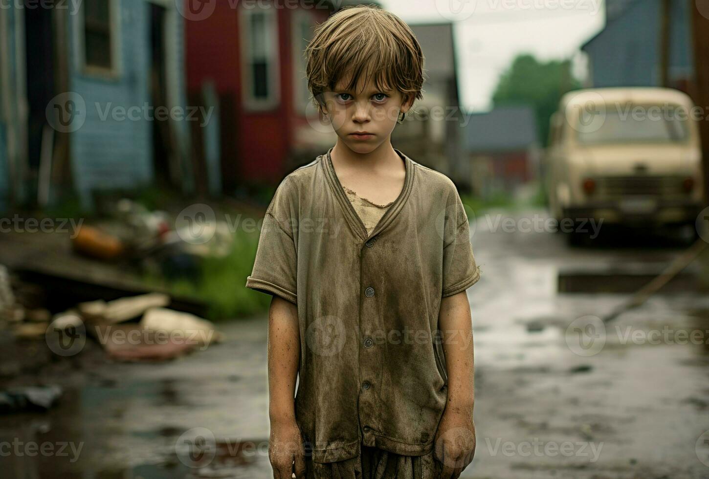 AI generated Hopeful Little boy standing in poor neighborhood. Generate ai photo