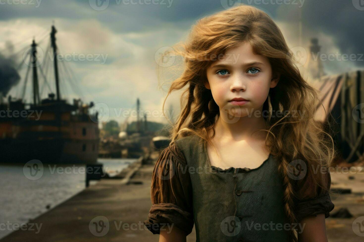 AI generated Girl sea port. Generate Ai photo