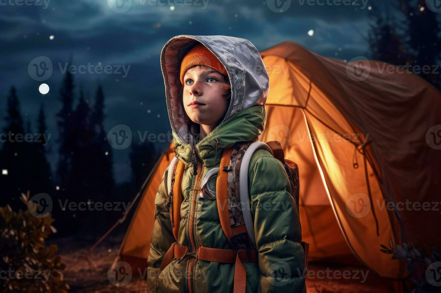 AI generated Night nature child hiking. Generate Ai photo