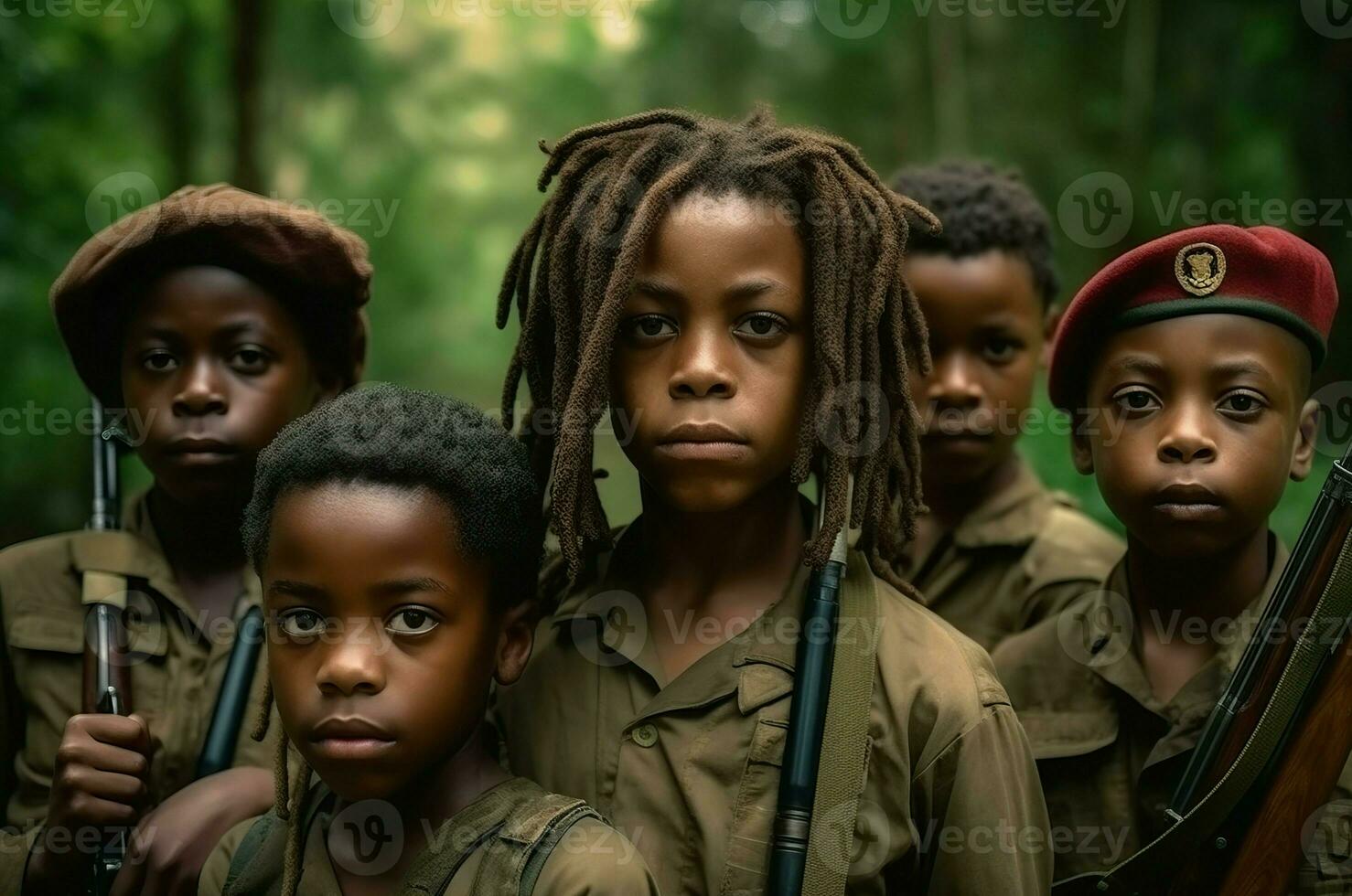 AI generated African children soldiers in military uniform. Generate ai photo