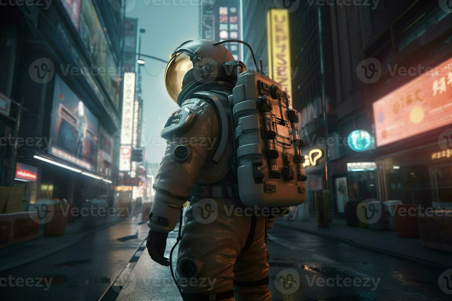 AI generated Astronaut walks in urban nighttime. Generate ai photo