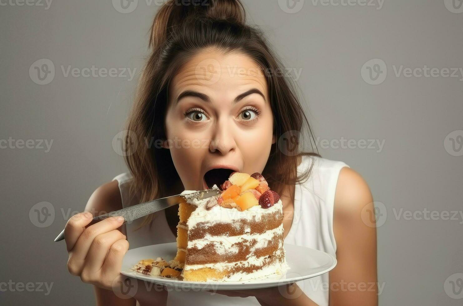 AI generated Funny woman blogger eating cake. Generate Ai photo