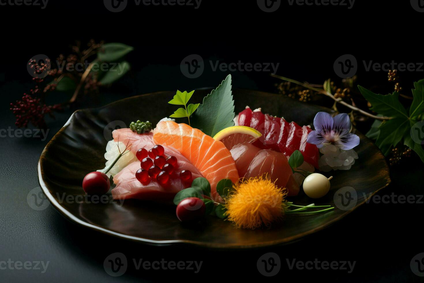 ai generado asiático flores y comida en negro plato en escritorio. generar ai foto