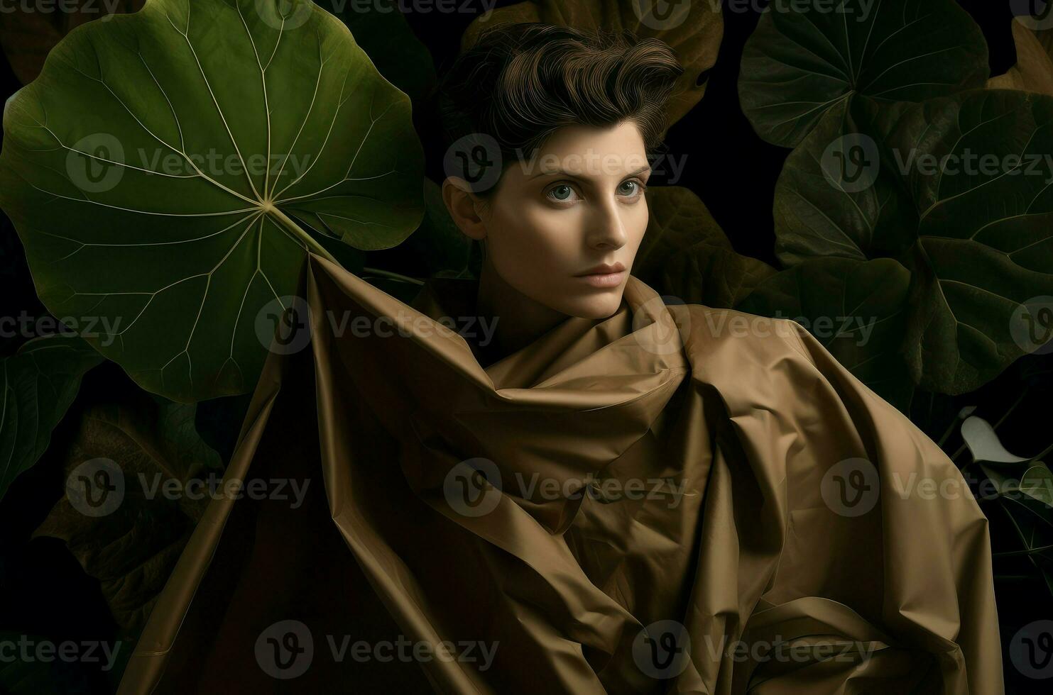 AI generated Person hiding by giant green leaves. Generate Ai photo
