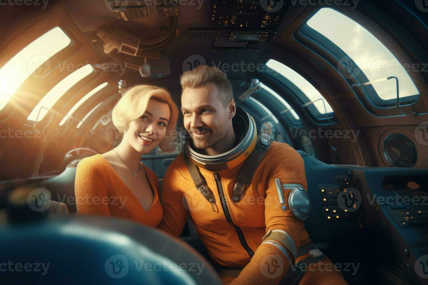 AI generated Friendly couple space travel. Generate AI photo