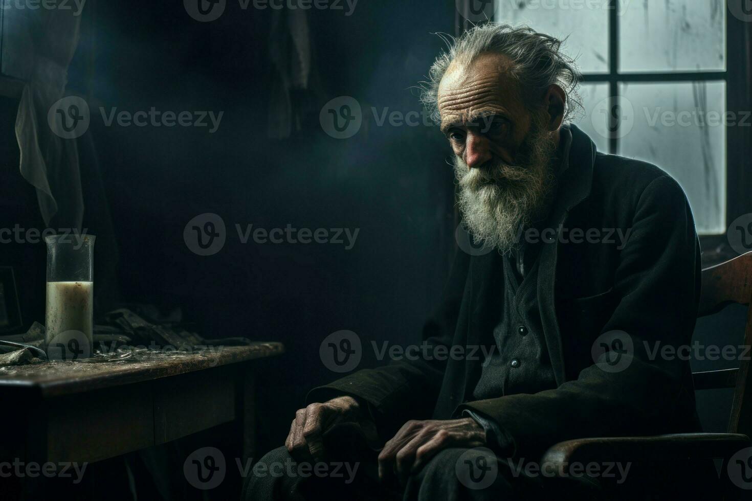 AI generated Old man sitting alone in front of the door. Home room photo