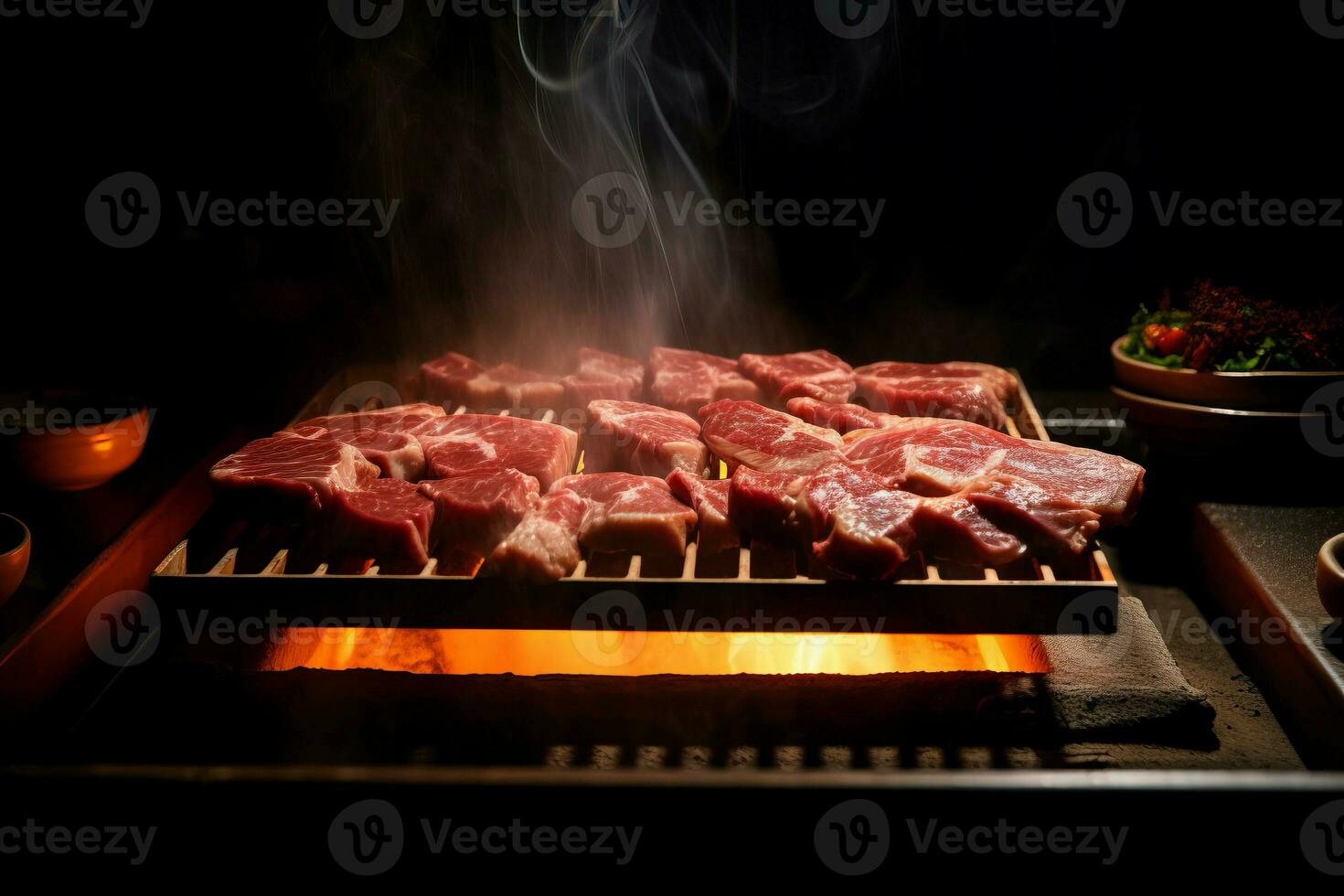 AI generated Thin slices raw bbq on grill fire. Generate Ai photo