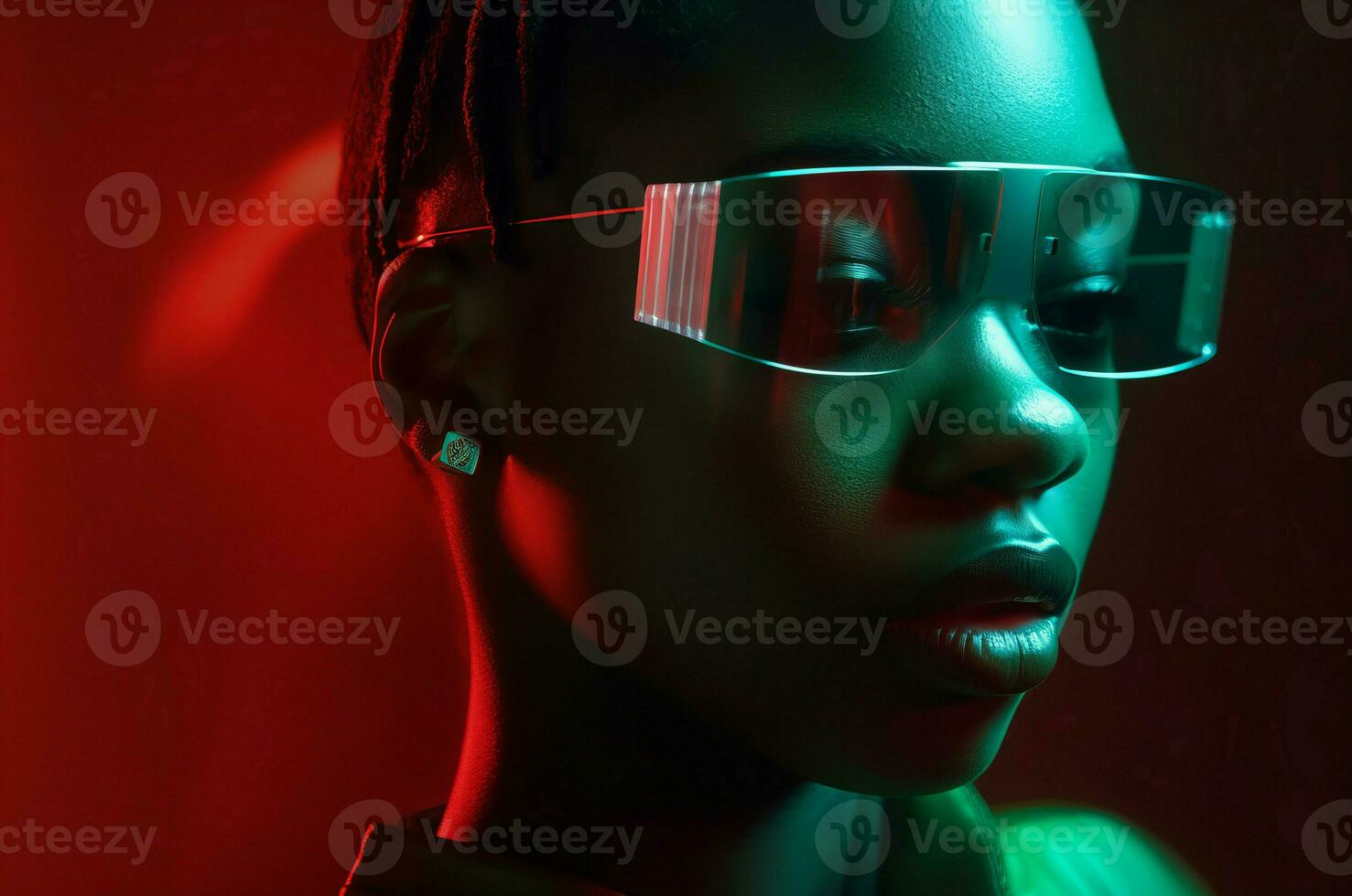 AI generated Black woman futuristic green neon cute face. Generate Ai photo