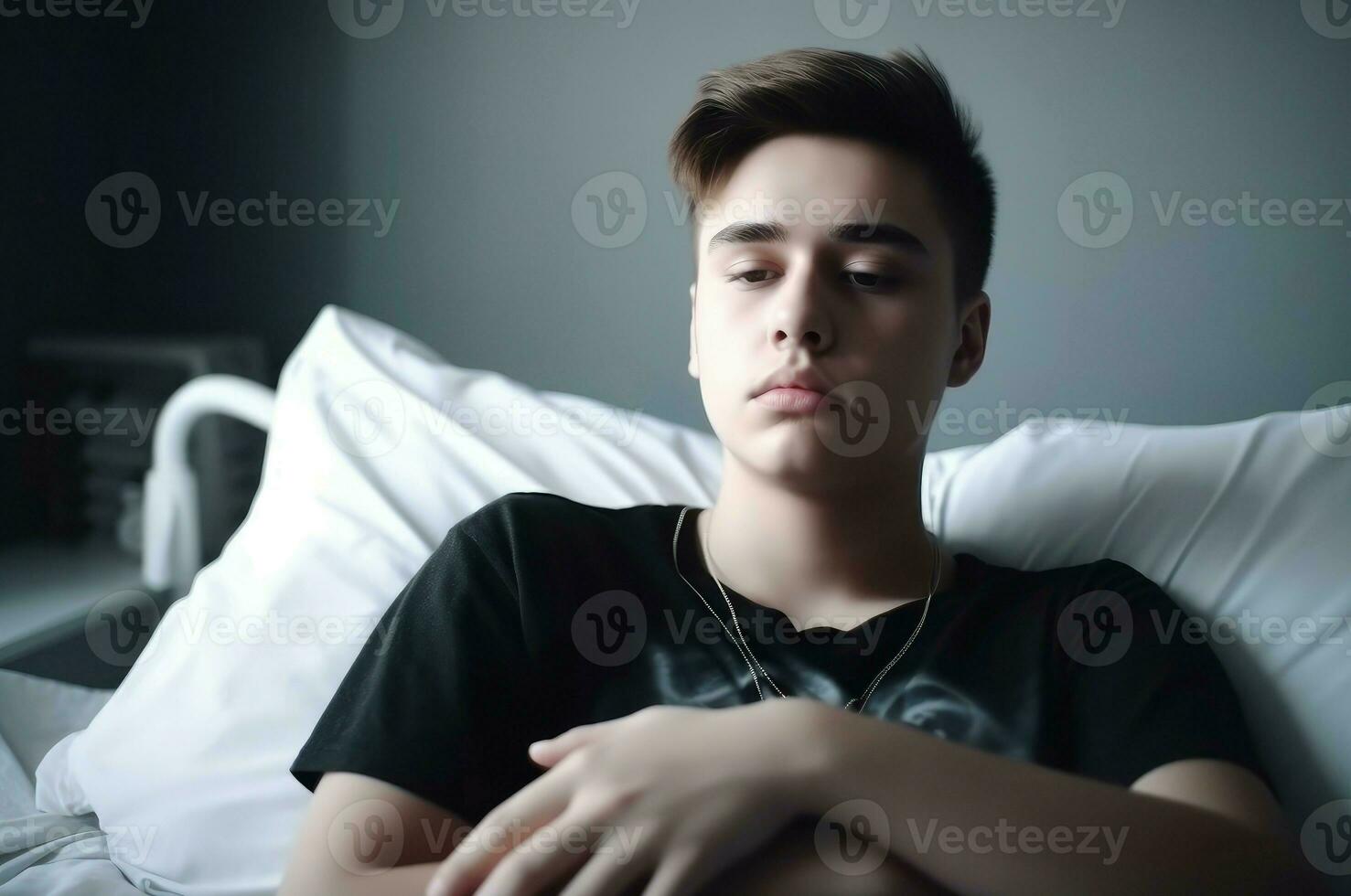 AI generated Teen boy in hospital bed adult. Generate Ai photo