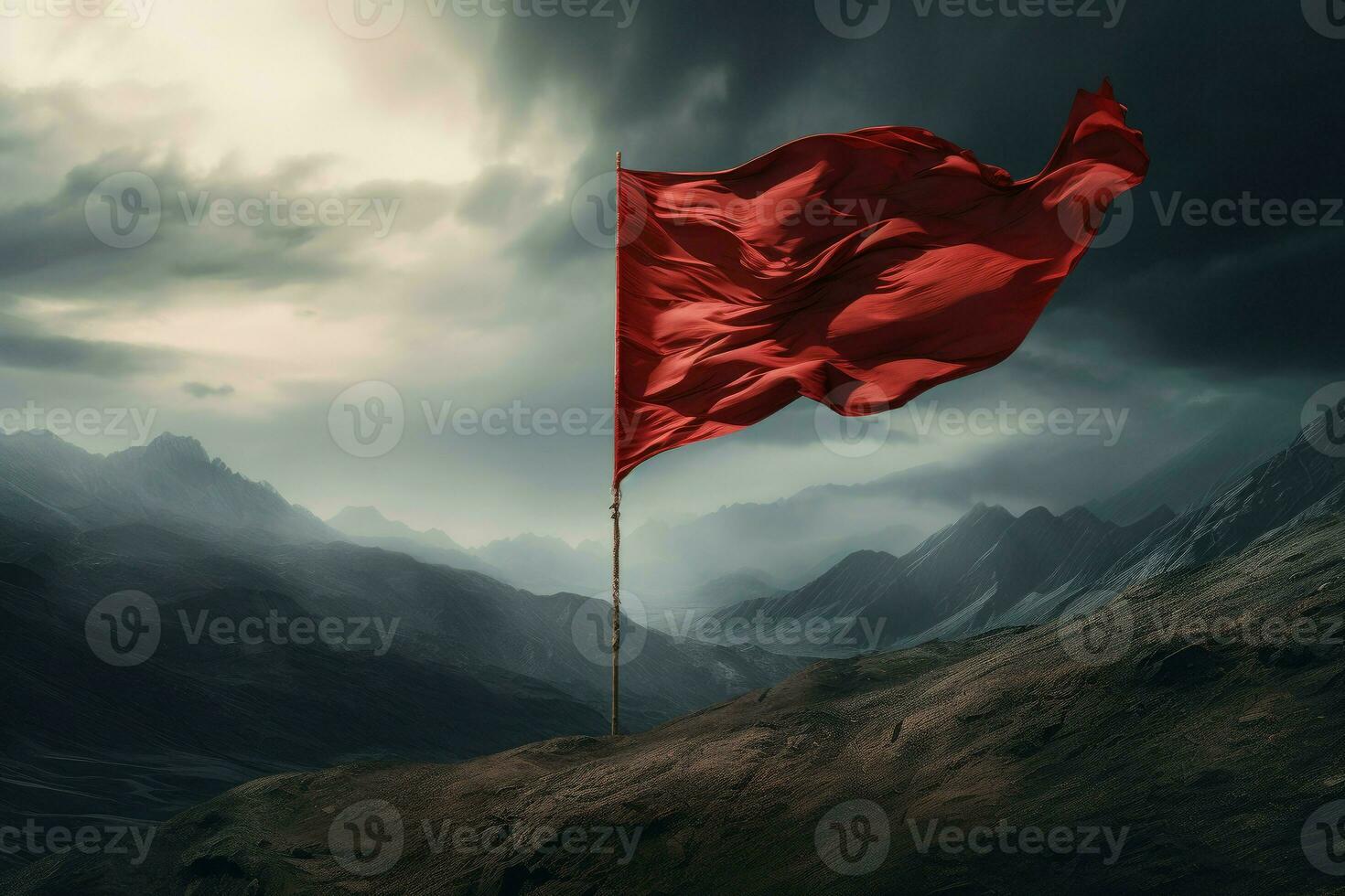 AI generated Red flag waving on foggy mountain. Generate Ai photo