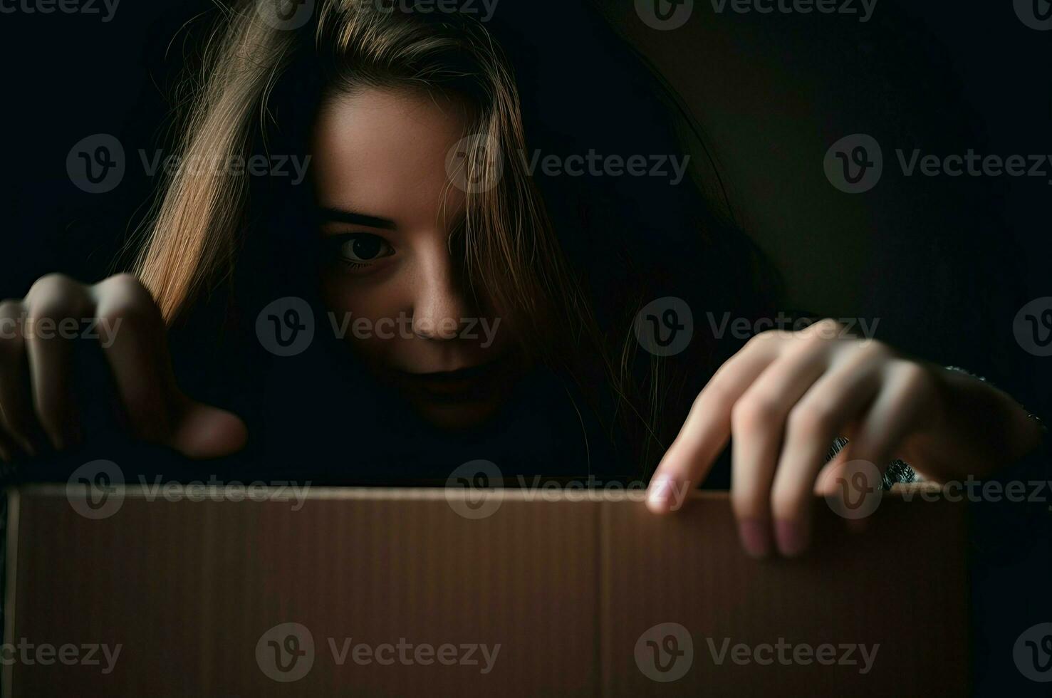 AI generated Woman shocked and opens box view. Generate Ai photo