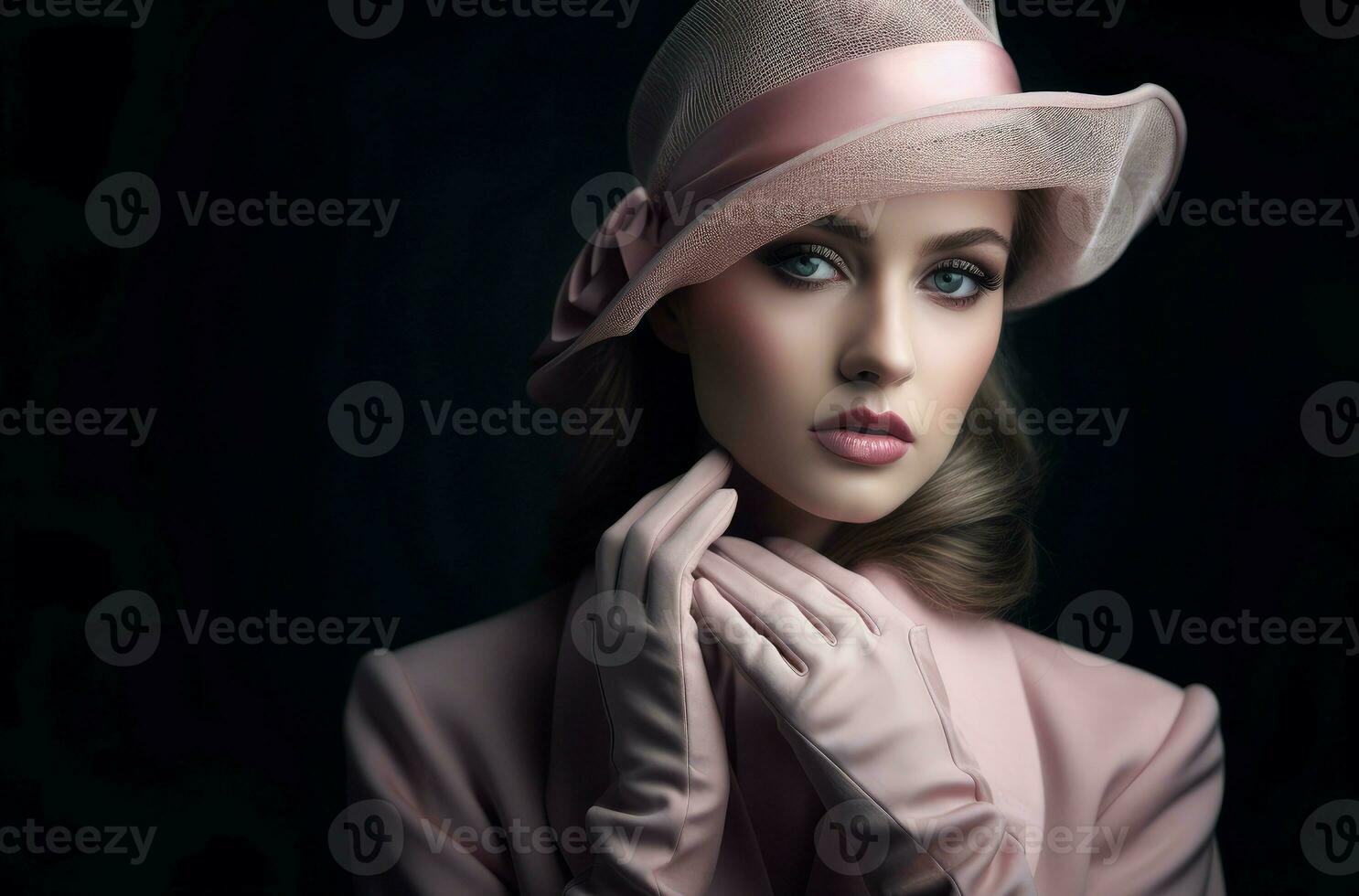 ai generado elegante elegante mujer sombrero con guantes. generar ai foto