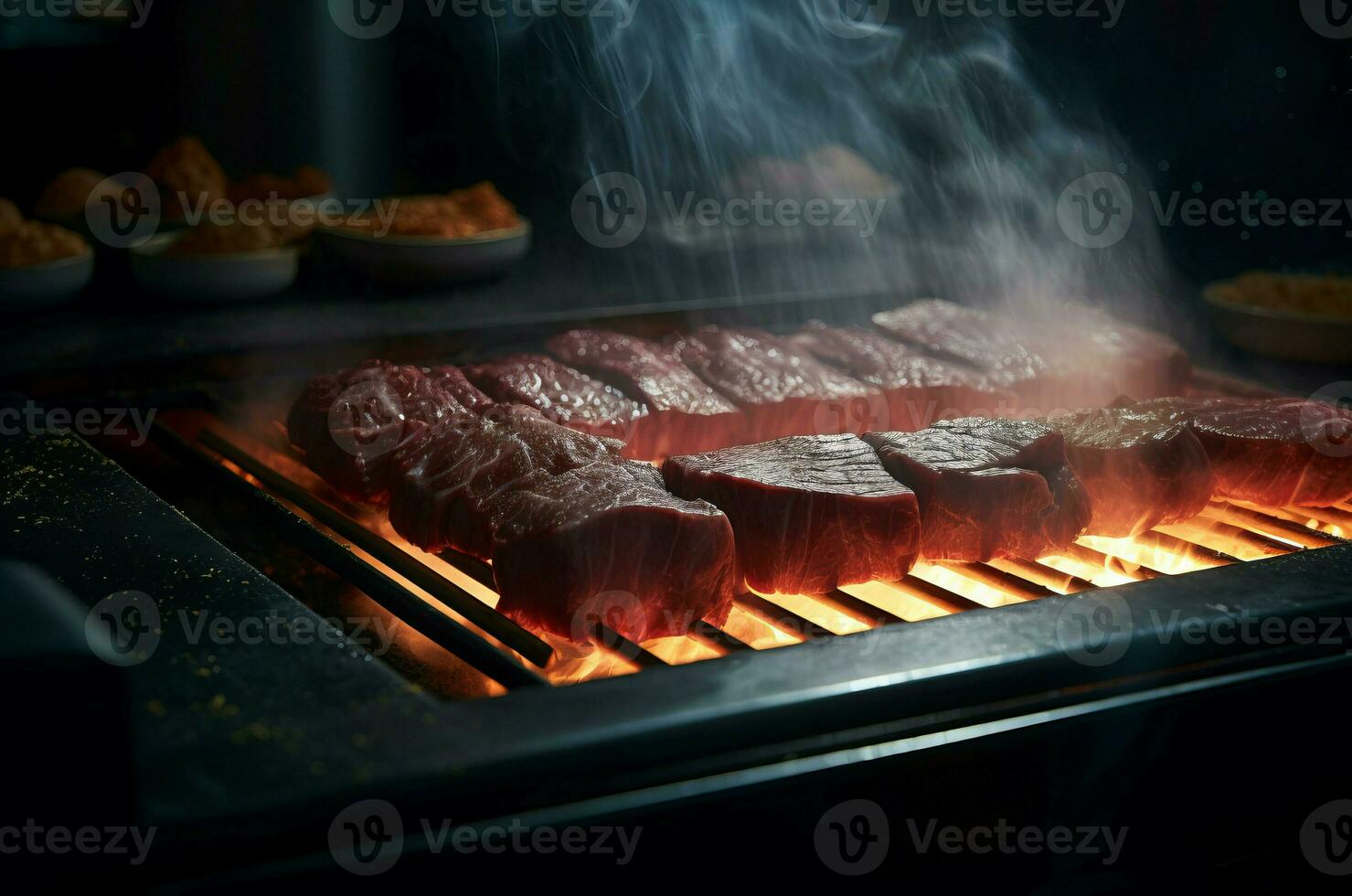 AI generated Thin slices raw bbq on grill smoke. Generate Ai photo