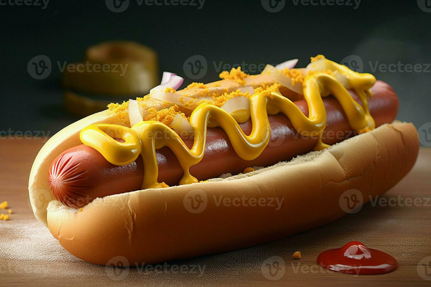 AI generated Hotdog mustard ketchup with onions. Generate Ai photo