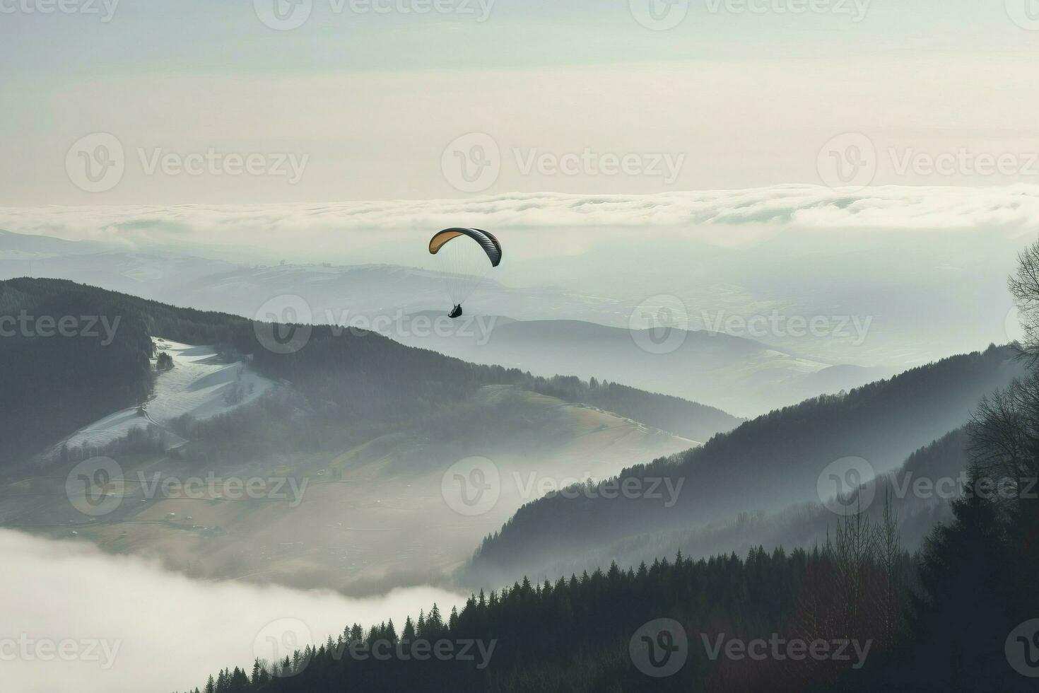 AI generated Paragliding sport parachute flying above the mist. Generate ai photo