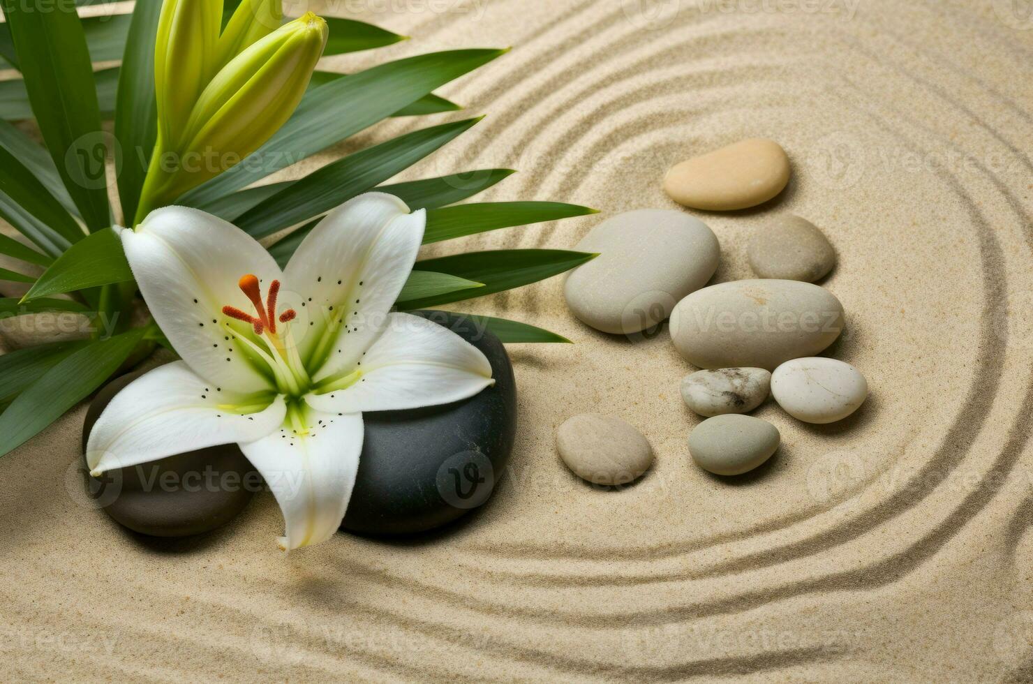 AI generated Sand with lily flower and pebbles. Generate ai photo