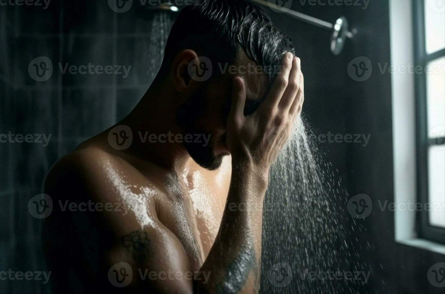 ai generado interior baño Disparo de joven hombre tomando ducha. generar ai foto