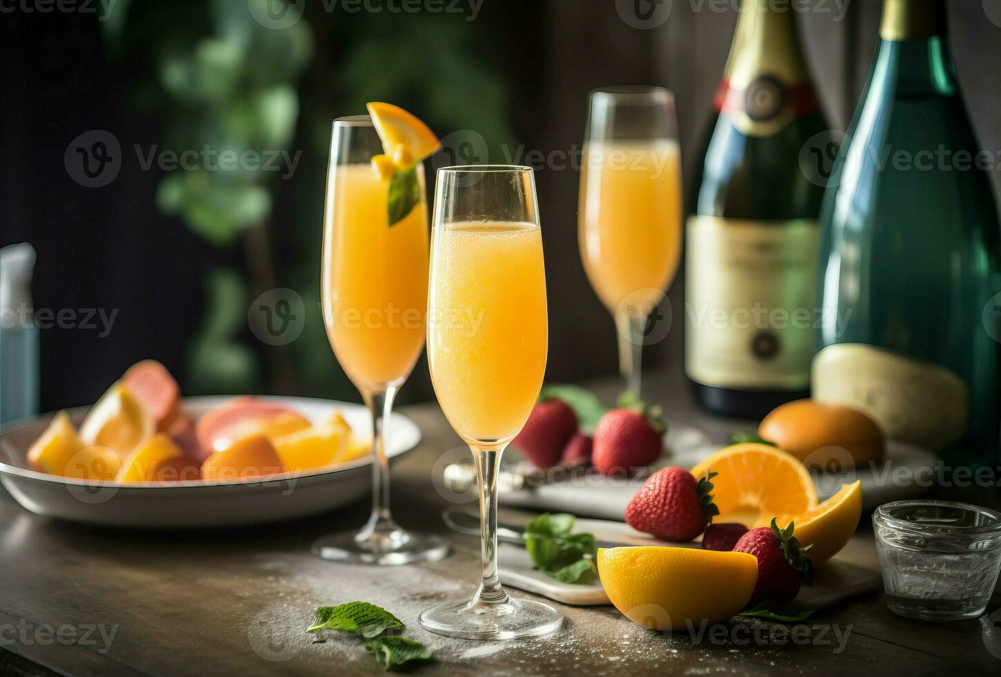 AI generated Peach mimosas Bellini glass flutes. Generate ai photo