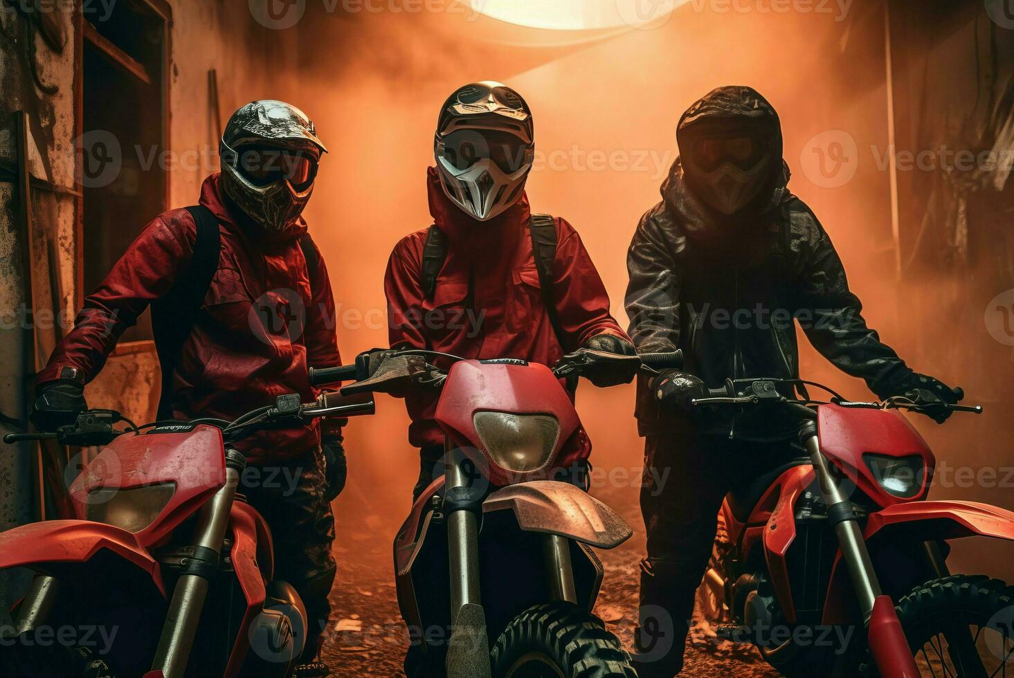 AI generated Strong groups of three equipped motocross bikers. Generate ai photo