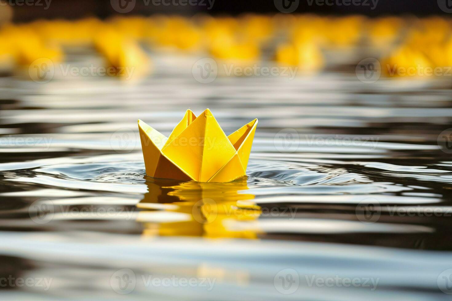 ai generado amarillo papel barco en agua origami Arte. generar ai foto