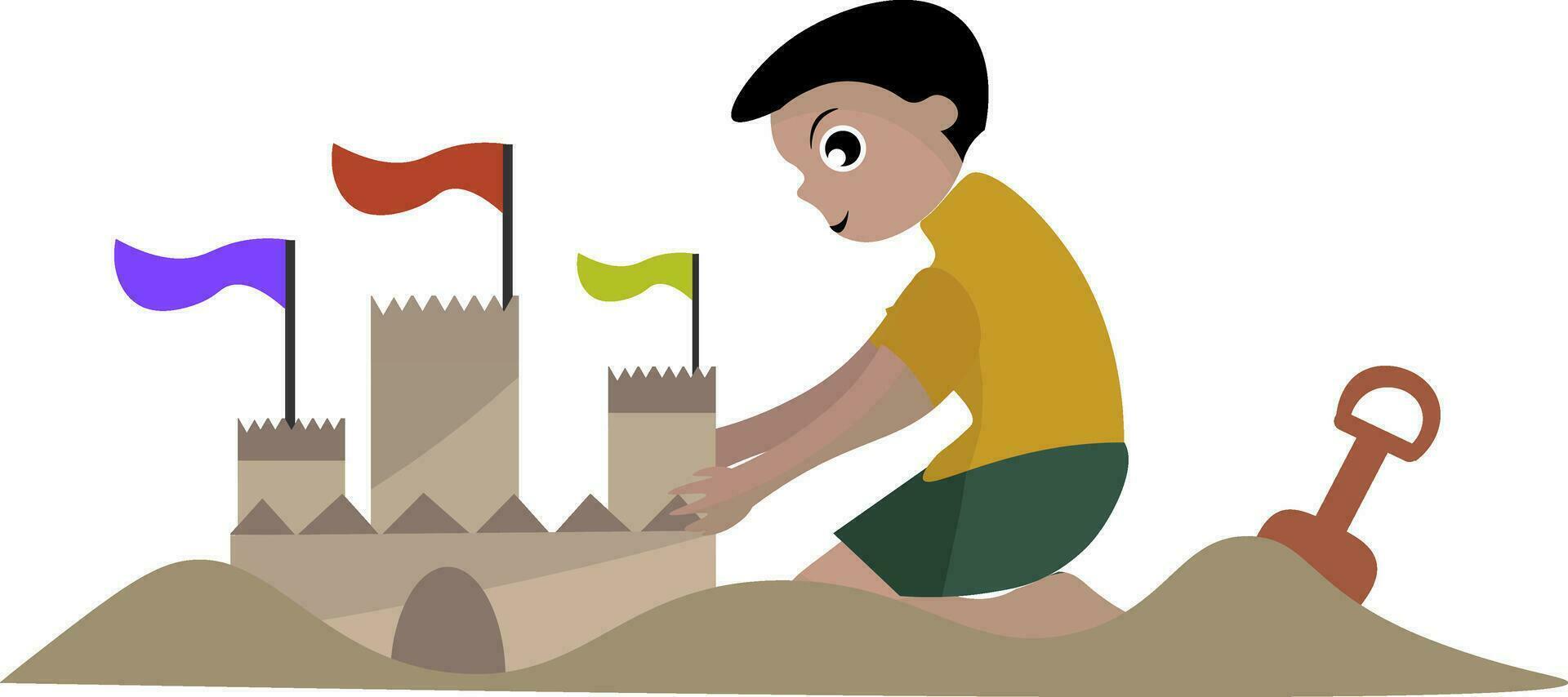 a boy building a sand castle with flags vector