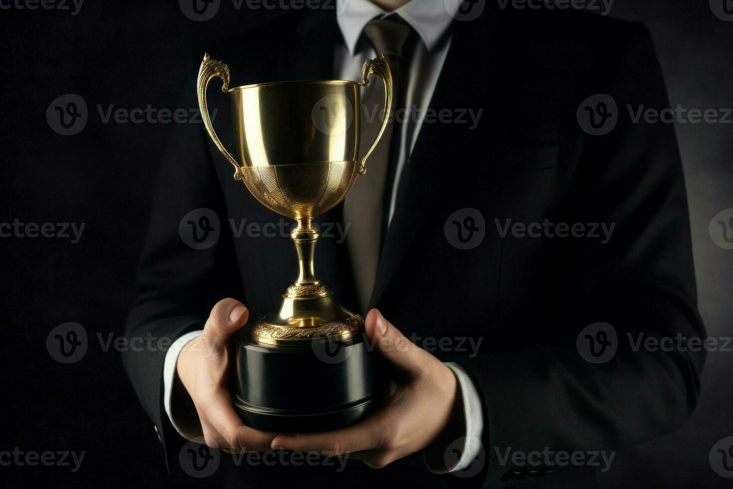 AI generated Successful businessman holding golden cup. Generate ai photo