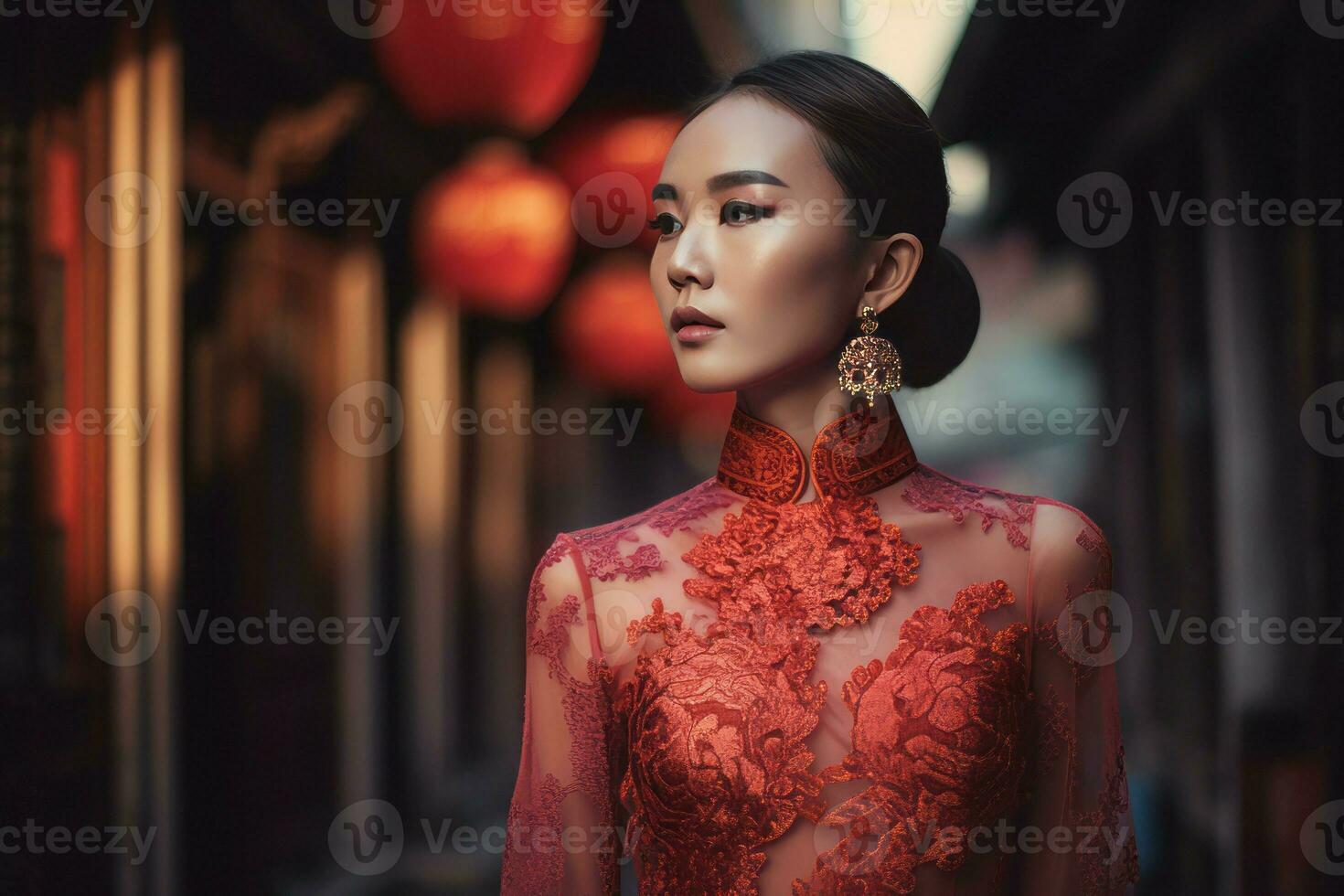 AI generated Chinese fashion model wearing glamorous qipao. Generate ai photo