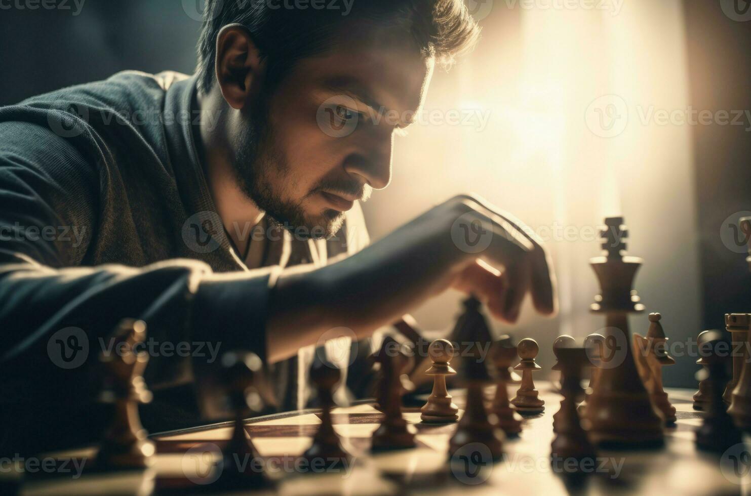 AI generated Man playing chess board game. Generate ai photo