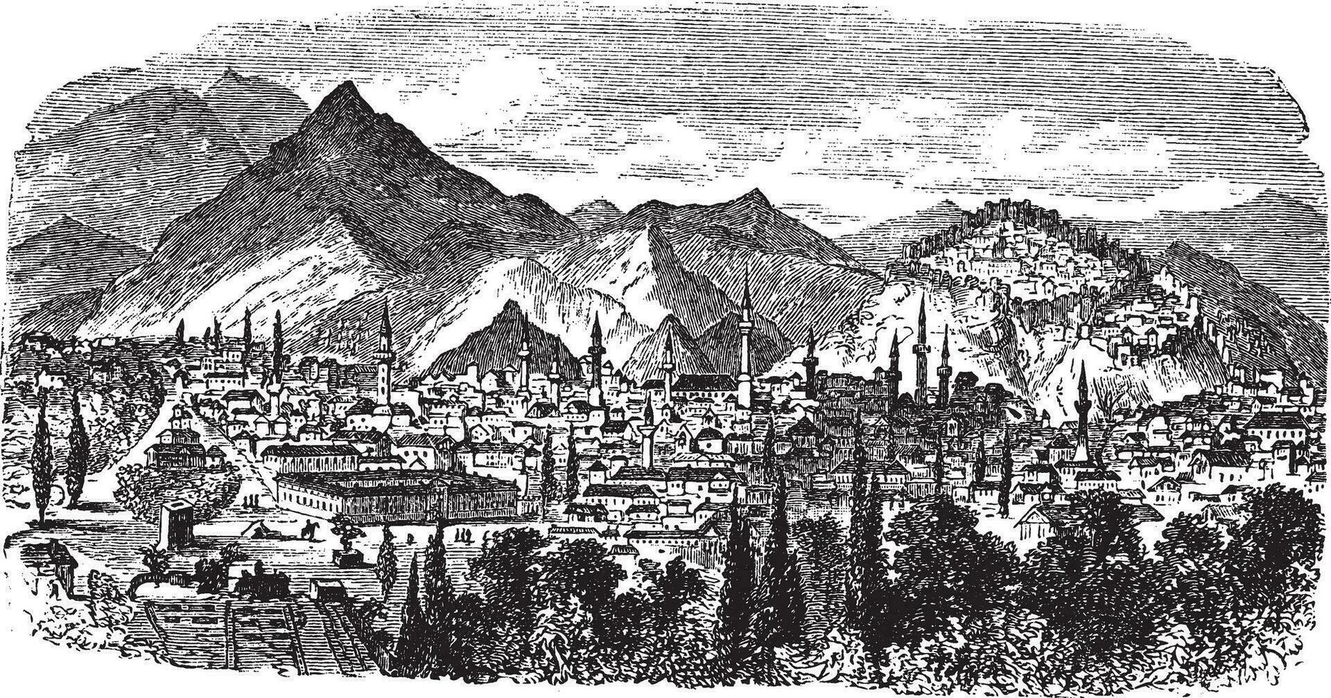 kutahya o kotyaion o cotyaeum ciudad vista, occidental Turquía Clásico grabado vector