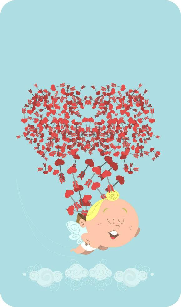 un dibujos animados bebé ángel volador mediante el aire con rojo corazones vector