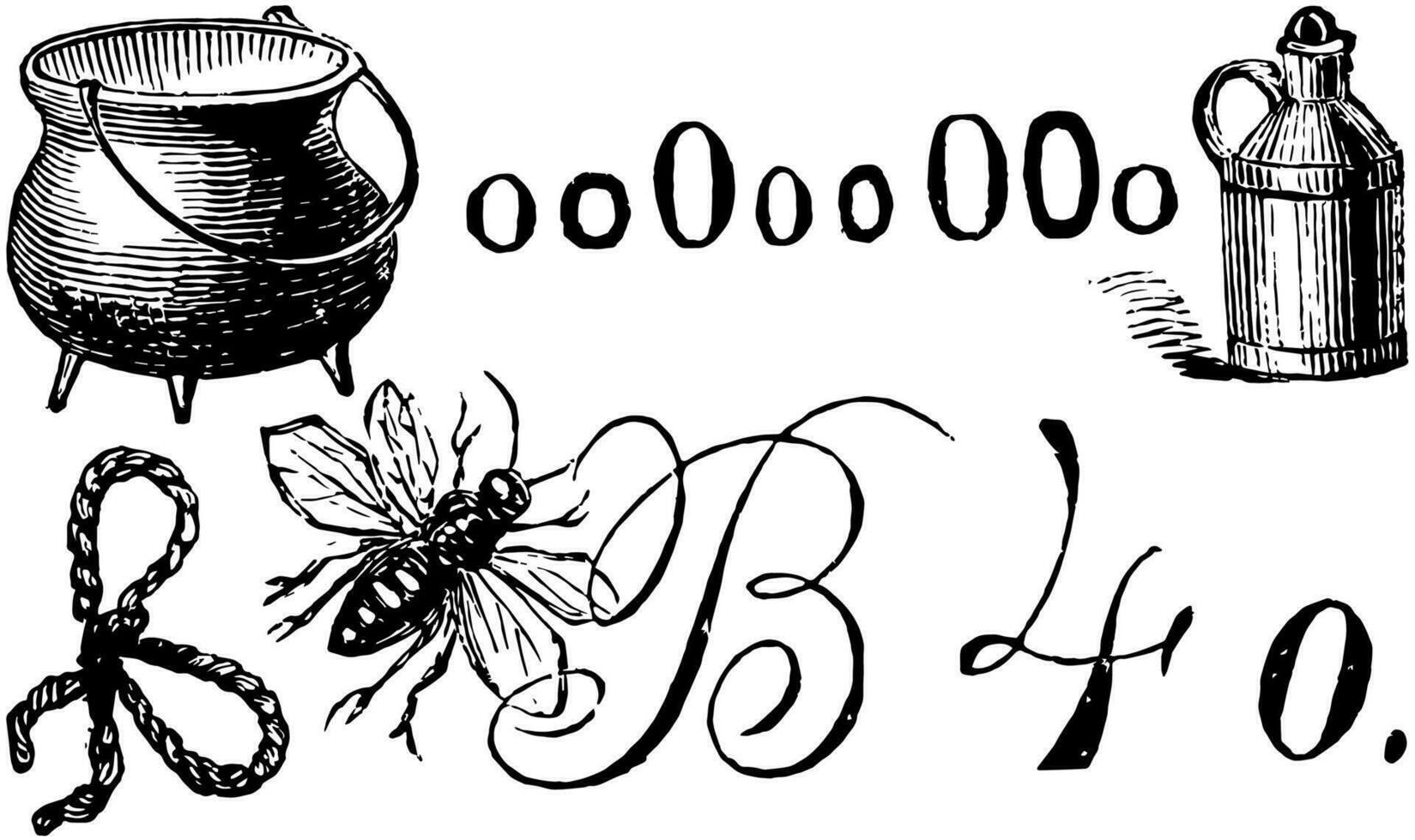 a drawing of a bee, a pot, and a bucket vector