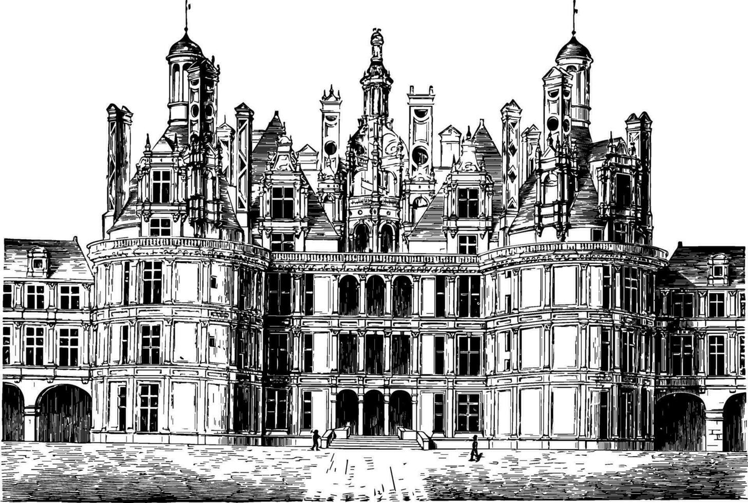 Chateau de Chambord the Hatel de Ville at Compiegne vintage engraving. vector